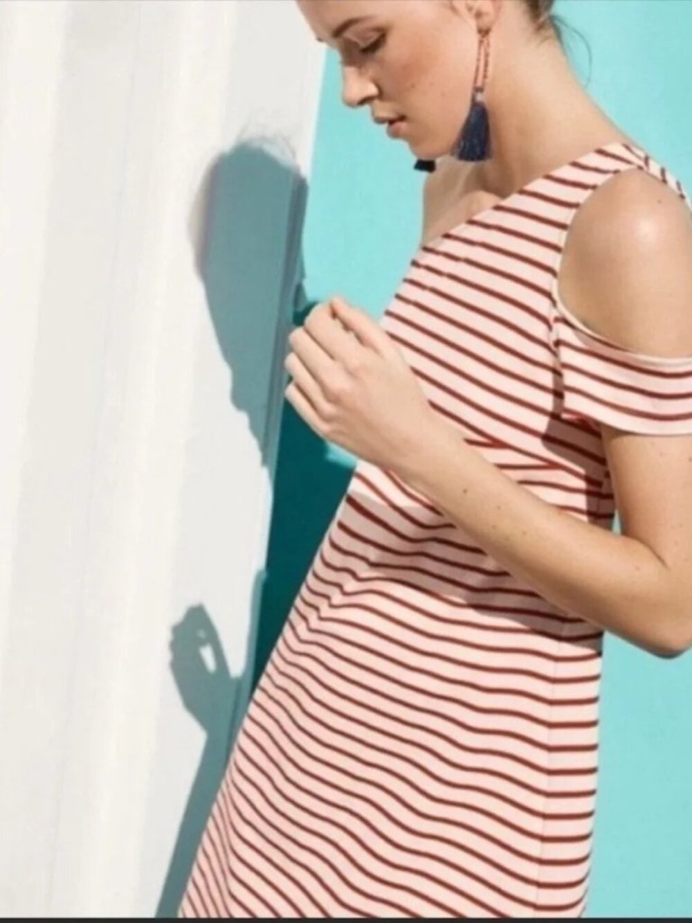Anthropologie Maeve Marketa One-Shoulder Dress Red Cream Size L Coastal Tailgate - Picture 4 of 9